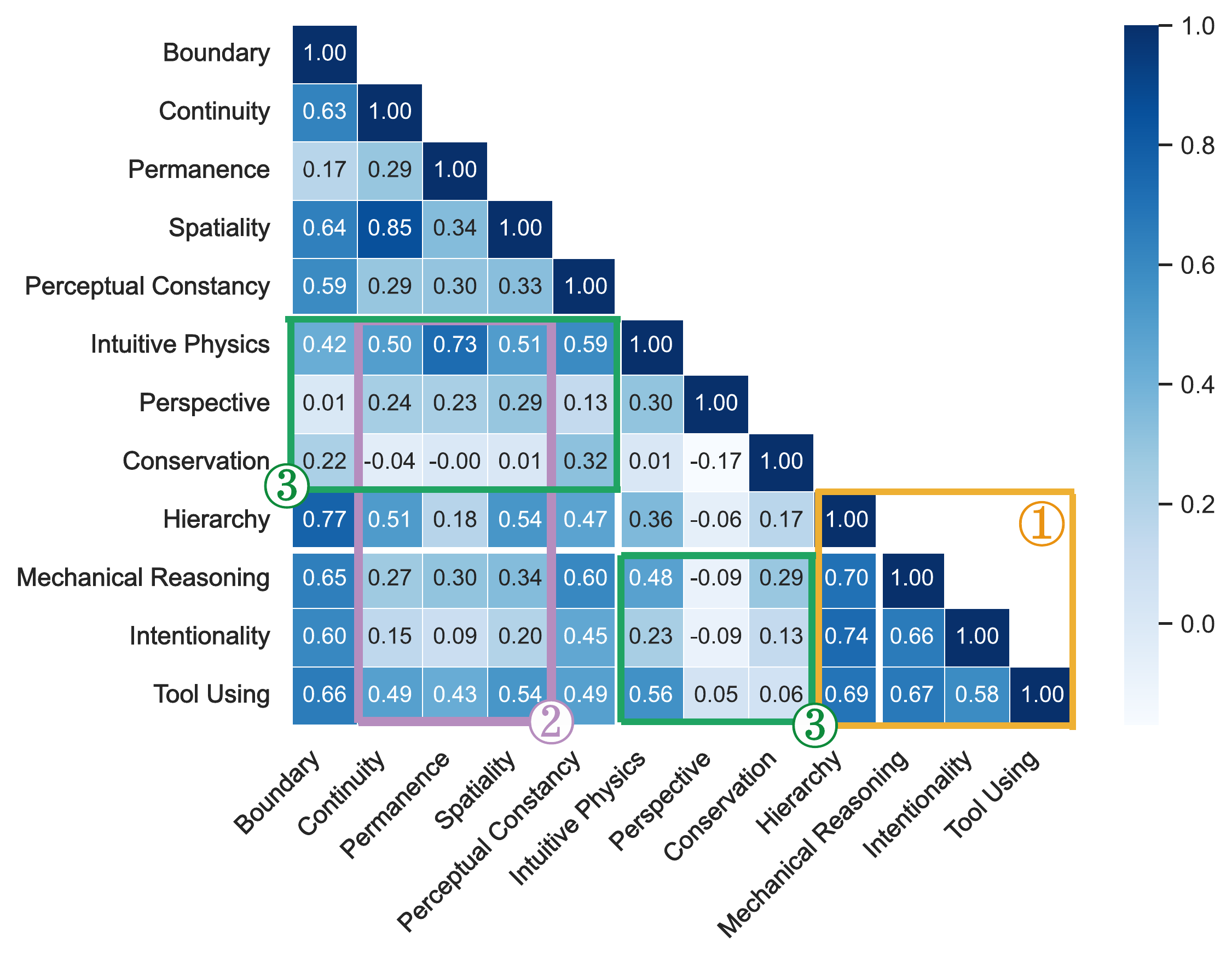 Correlation heatmap among 12 core abilities
